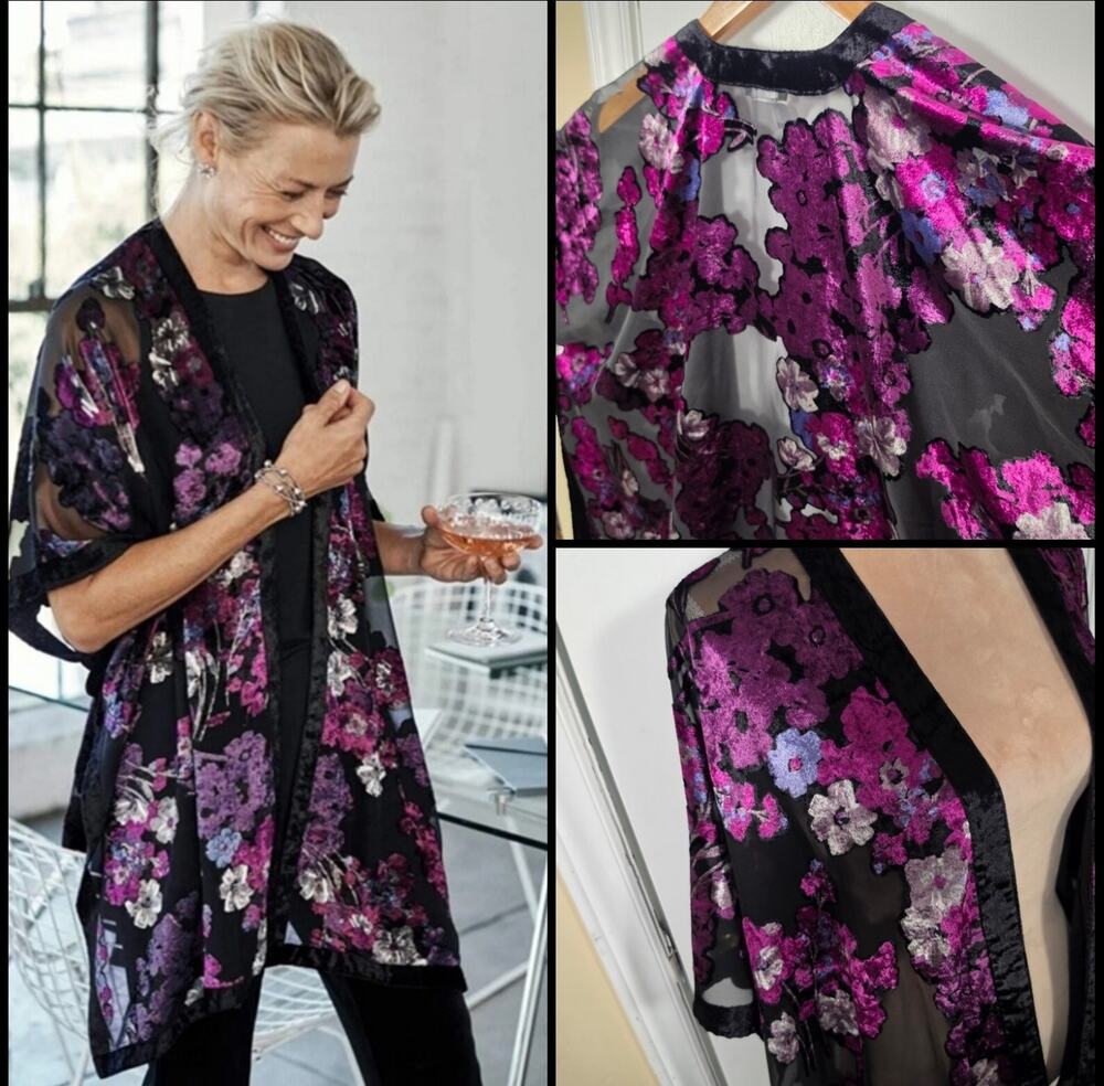 J. Jill One size Black Purple Floral Velvet Open Burnt-out Sheer Kimono Duster